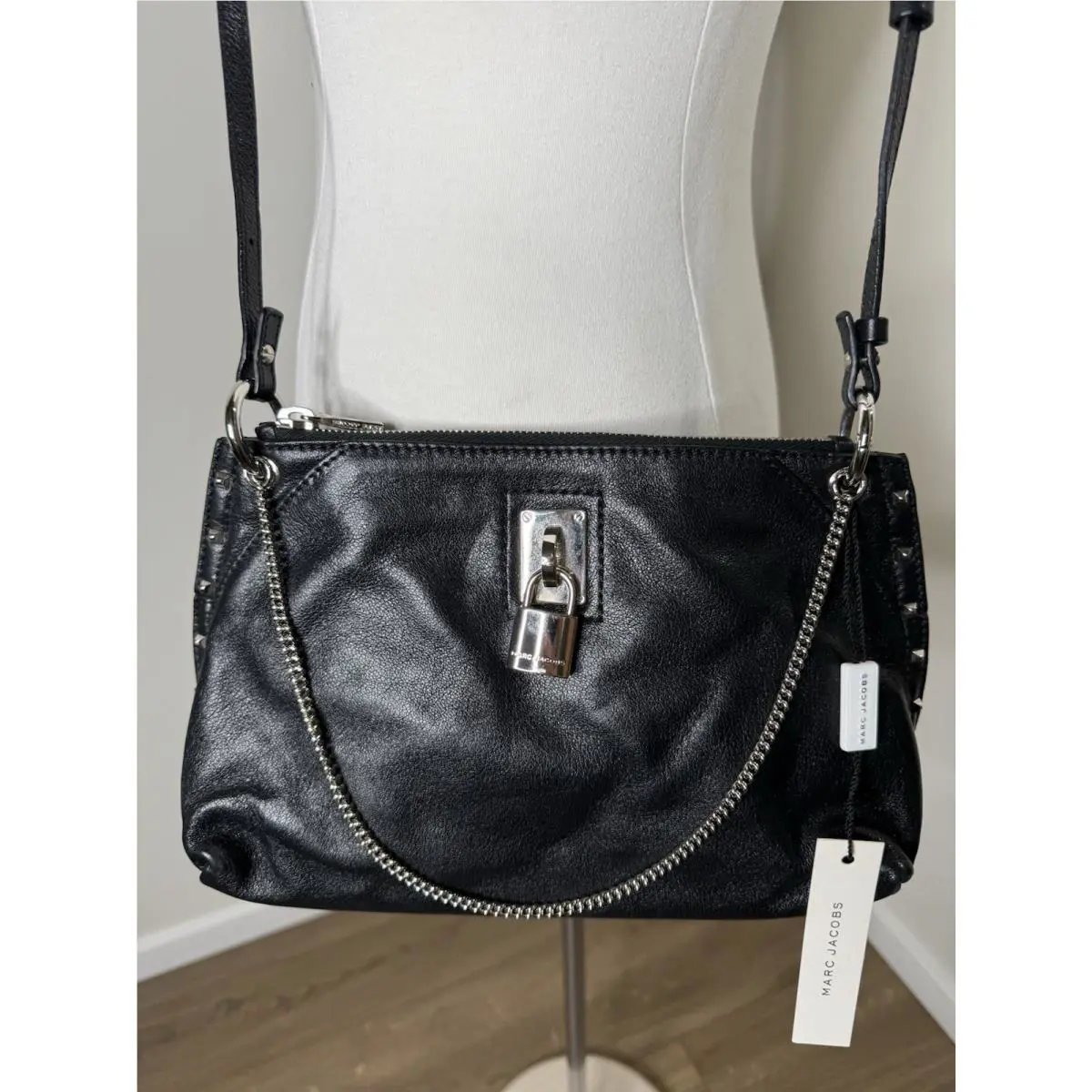 Marc Jacobs Sweetie Studded W Lock Chain Shoulder Crossbody Bag Black Leather