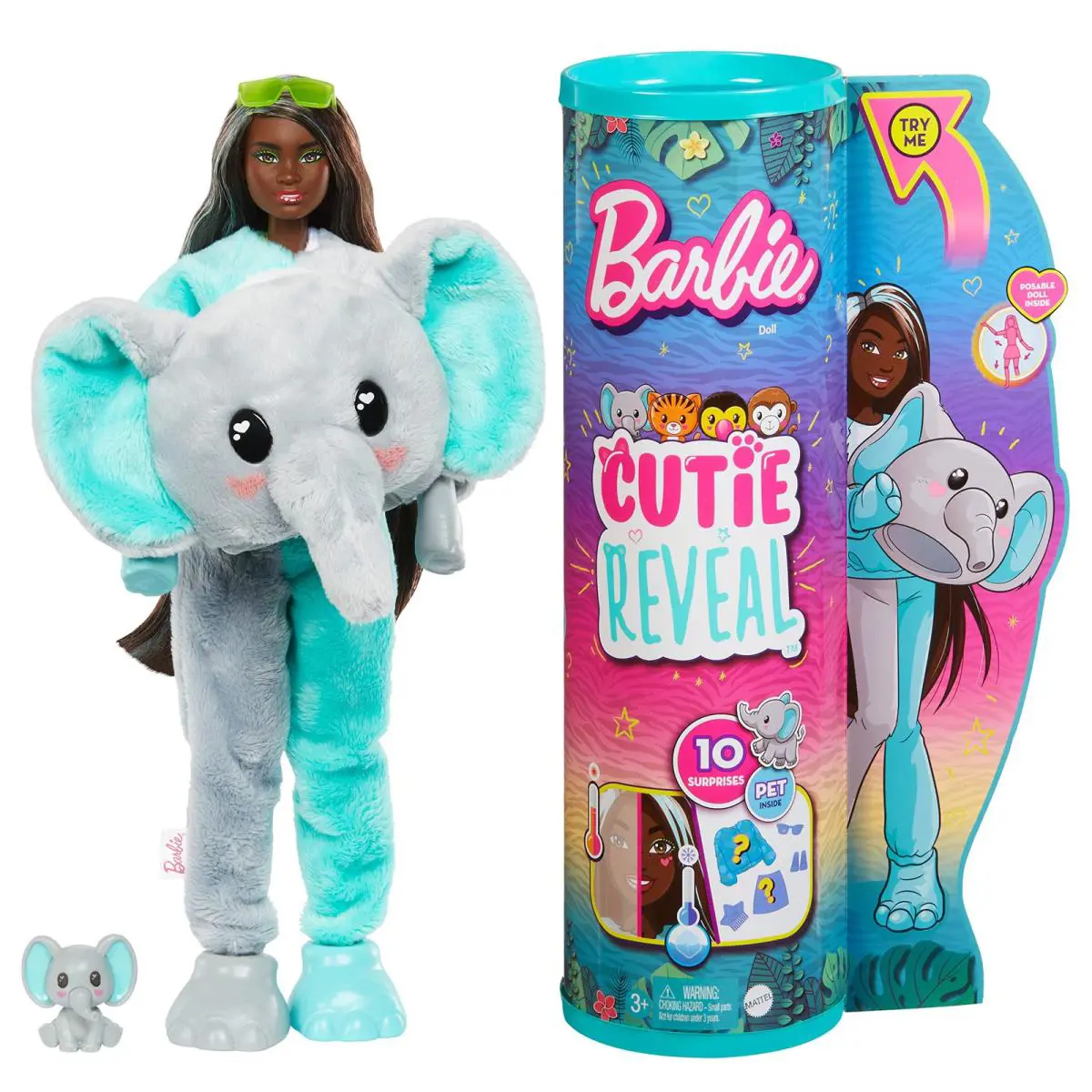 Barbie Cutie Reveal Jungle Series 10 Surprise Plush Elephant Doll Playset