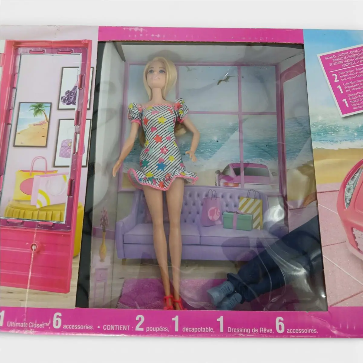 Barbie and Ken Doll with Her Wardrobe and Two-seater Convertible Car
