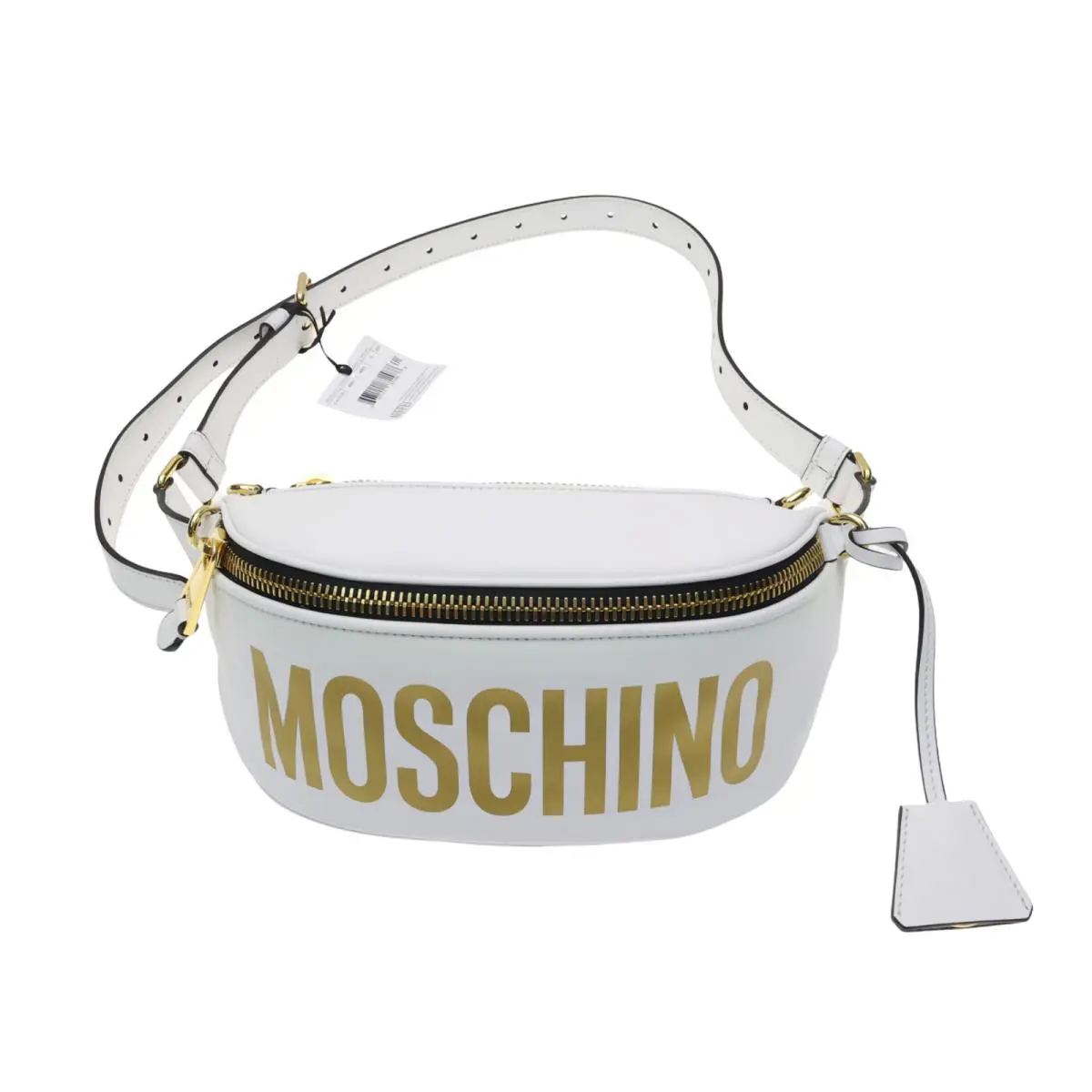 Moschino X4414 Womens White Logo Print Leather Belt Bag - Exterior: White, Lining: Black, Hardware: White