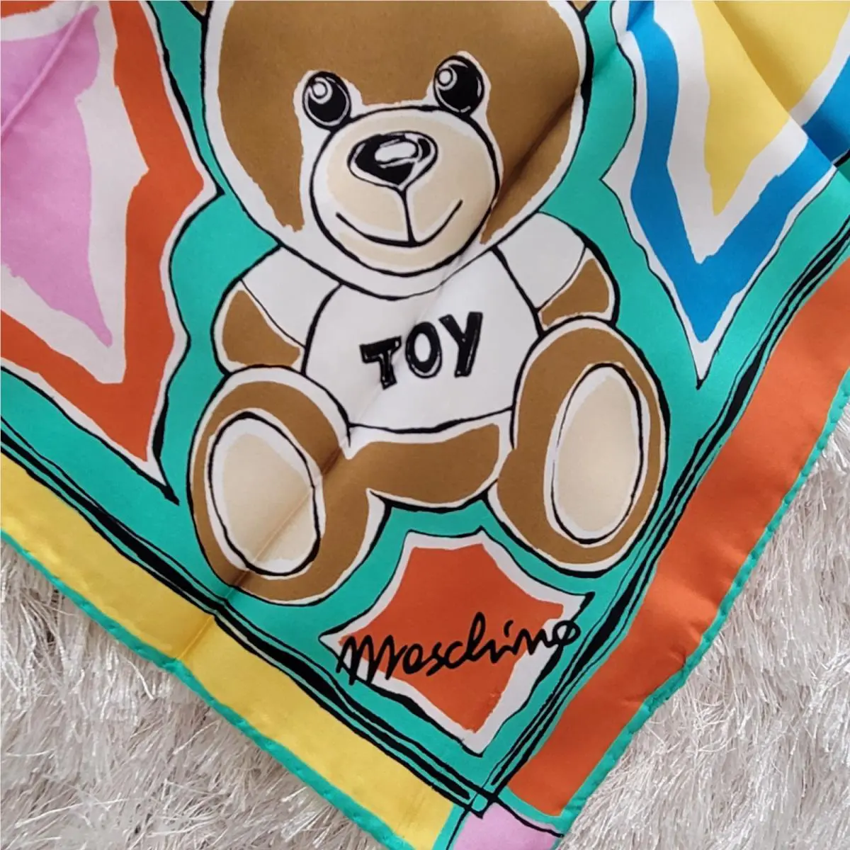 Moschino Silk Square Neck Bag Wrist Scalf Designer Teddy Bear Multicolor