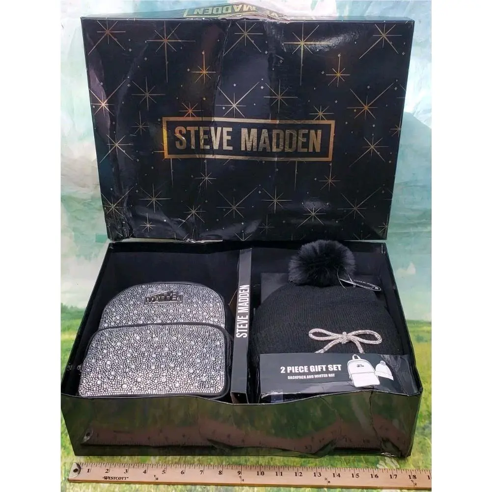 Steve Madden 2 PC Gift Set Rhinestone Backpack Bling Bow Black Hat