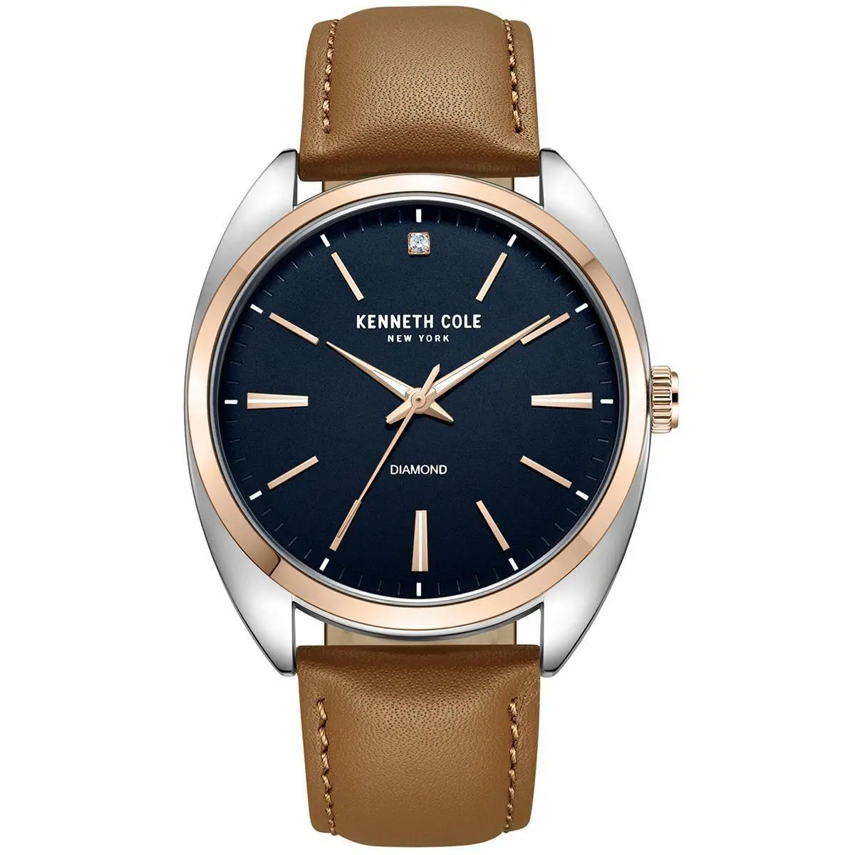 Kenneth Cole Men`s Watch Diamond Blue Dial Two Tone Case Tan Strap KCWGA7002902