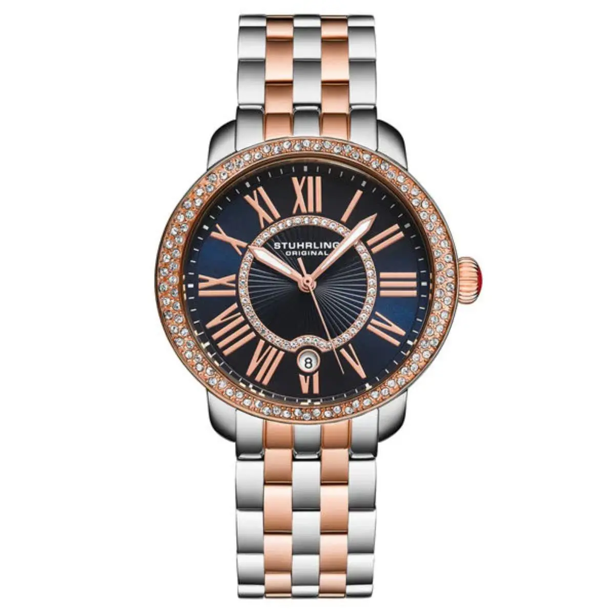 Stuhrling 4080 3 Celestia Navy Dial Classic Stainless Steel Date Womens Watch