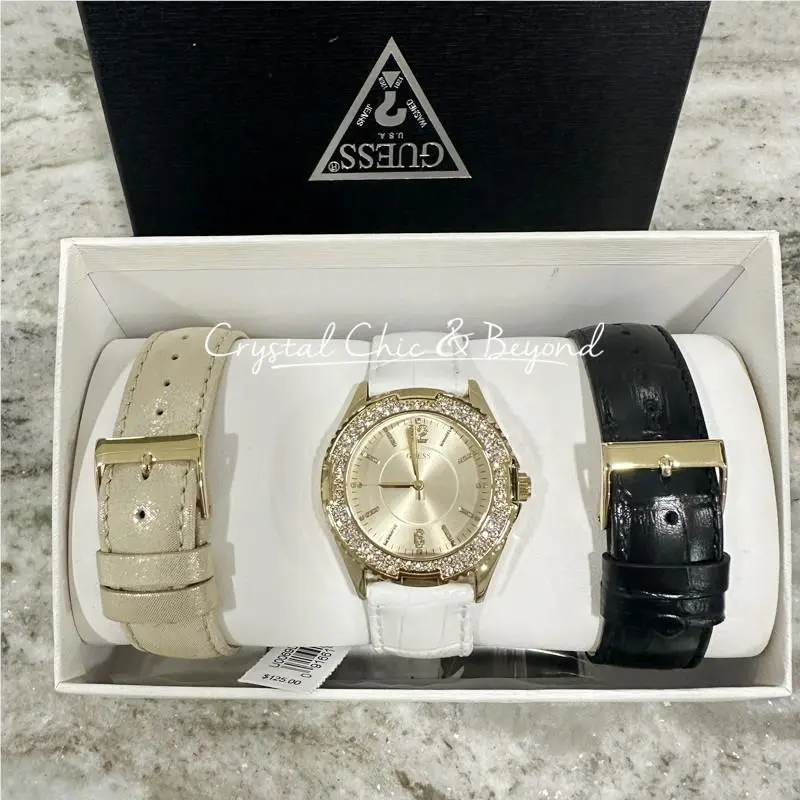 Guess Black White Gold Interchangeable Straps Watch Set U0069L4