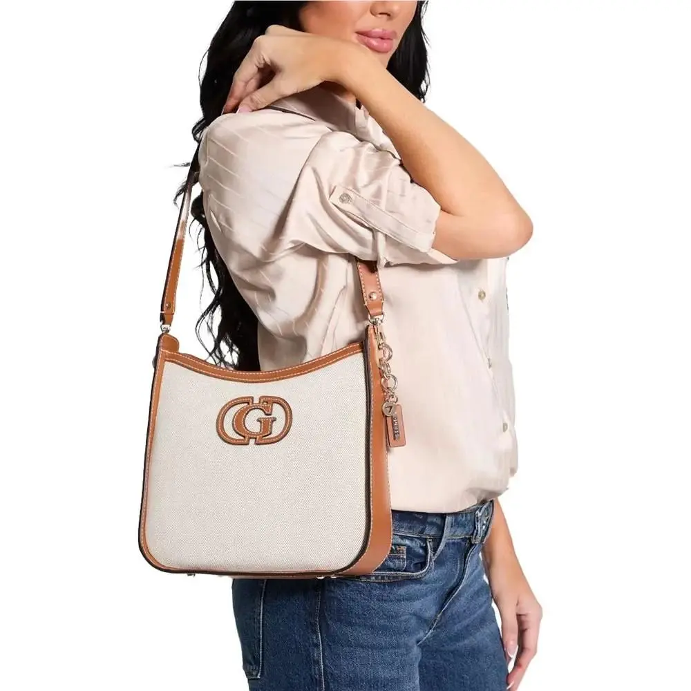 Guess Sebina Canvas Bucket Shoulder Bag Ivory Brown Gold