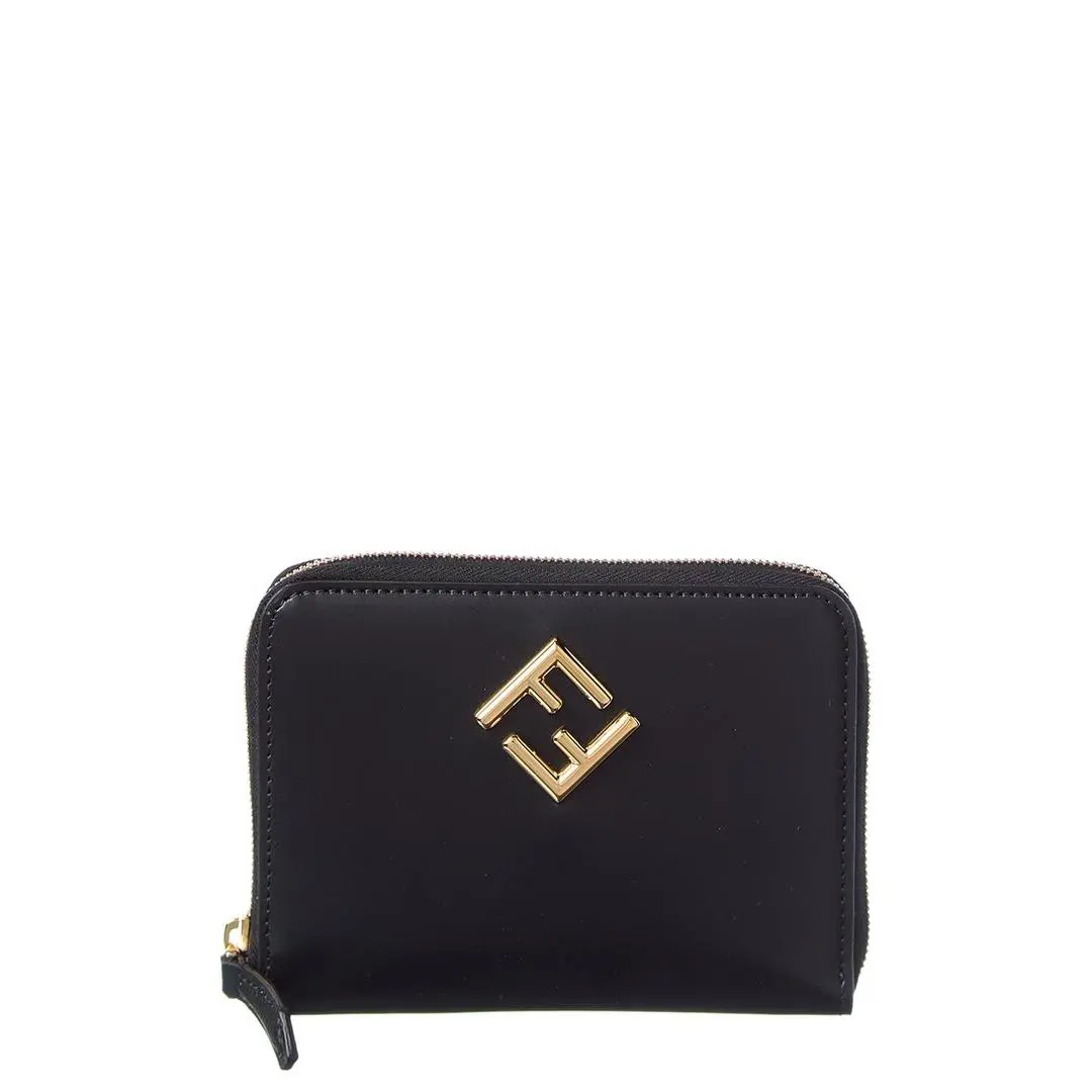 Fendi Ff Diamonds Leather Zip Around Medium Wallet Women`s Black