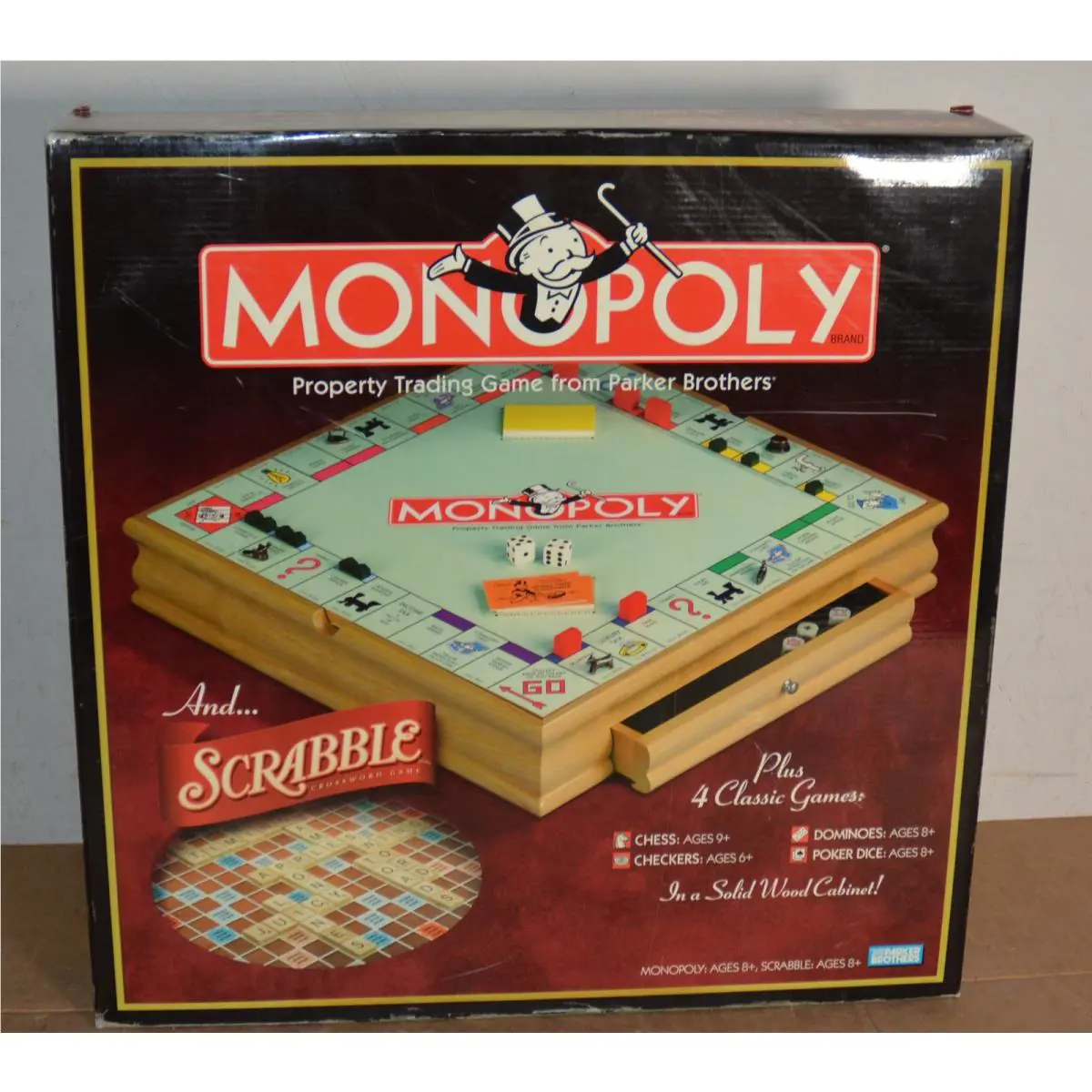 Monopoly Scrabble Deluxe Solid Wood Cabinet Board 4 Game Combo