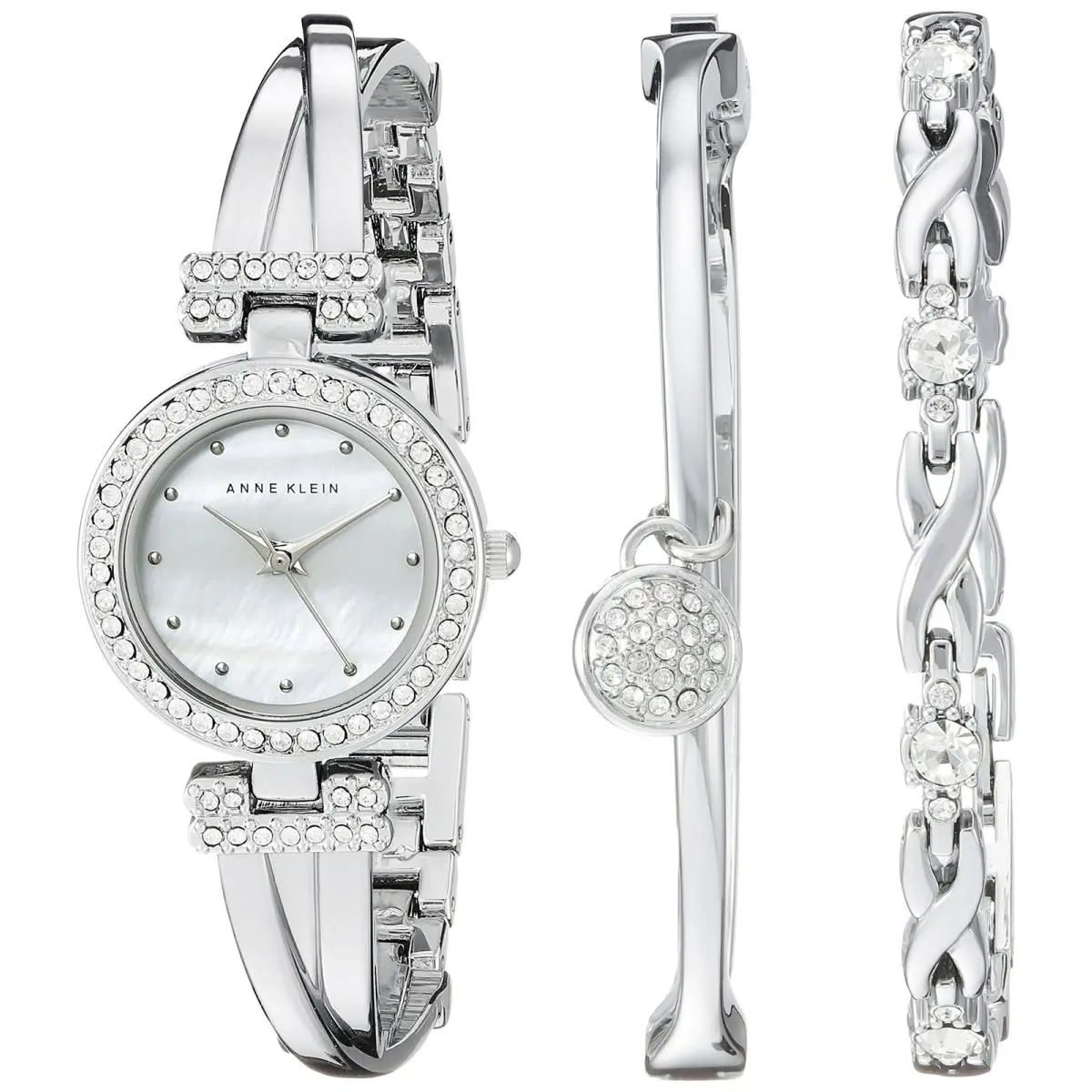 Anne Klein Women`s Premium Crystal Accented Bangle Watch and Bracelet Silver