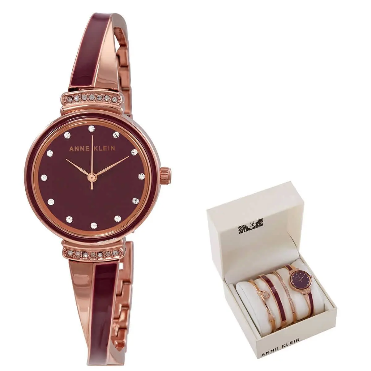 Quartz Crystal Burgundy Dial Ladies Watch and Bracelet Set 2716RBST by Anne Klein