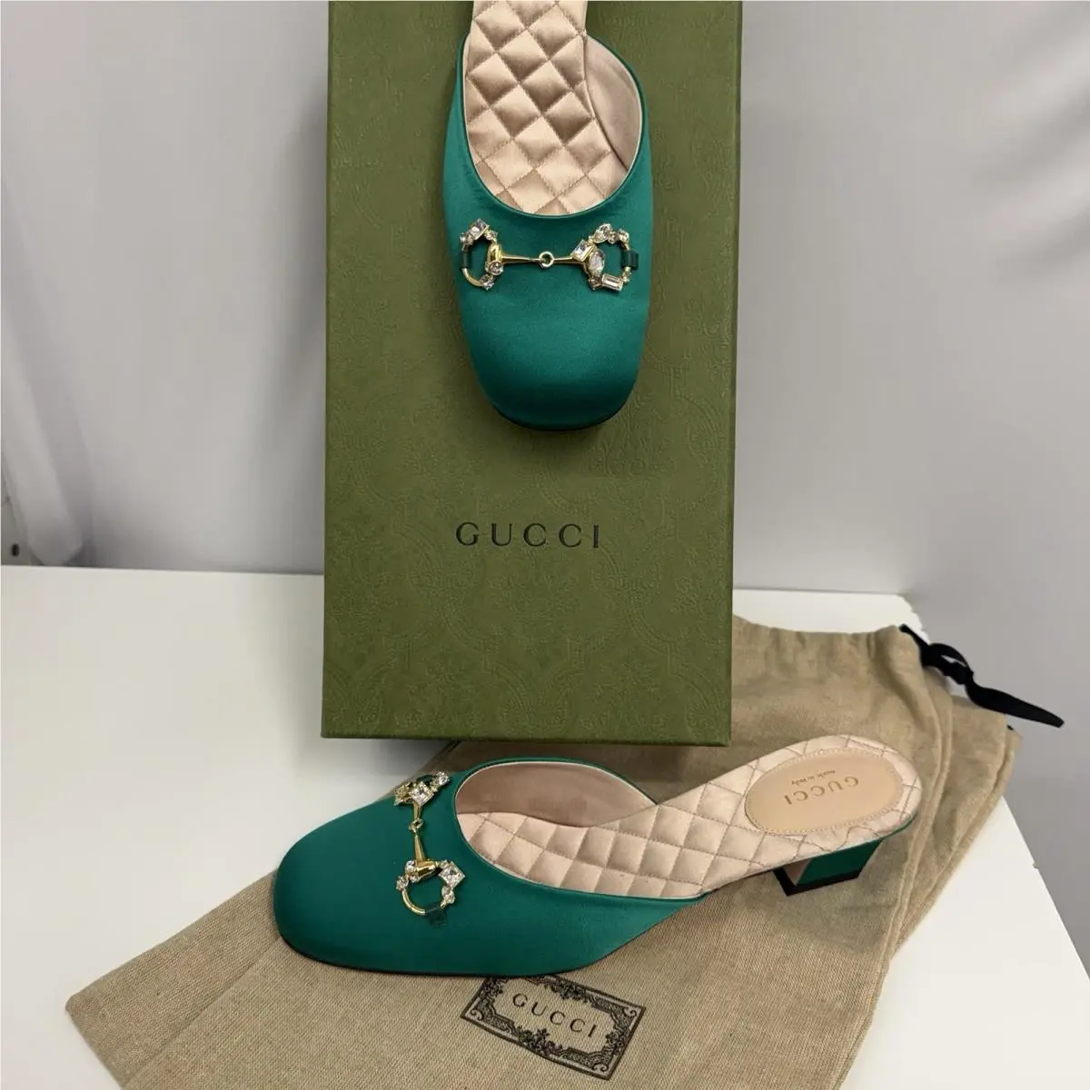Satin Nana Shoes Green Bit with Crystals 2 Sleeper Bags 38 8 1/2 by Gucci