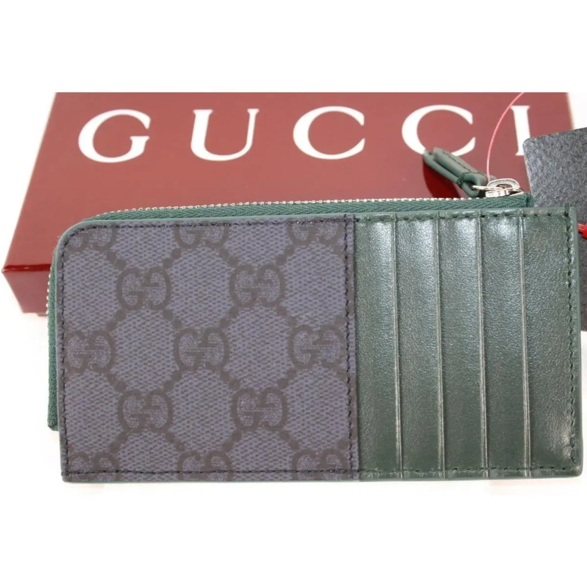 Gucci Double G Leather Card Case Women`s Navy Blue Forrest Green Wbox/bag