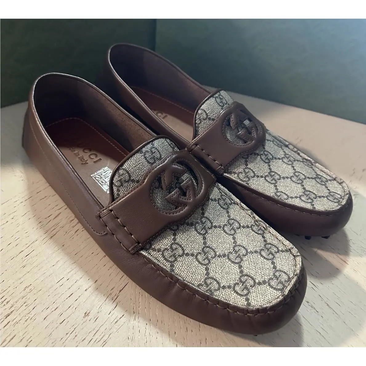 Gucci Men Leather GG Driver Loafers Shoes Brown 9 US/8 UK 730148