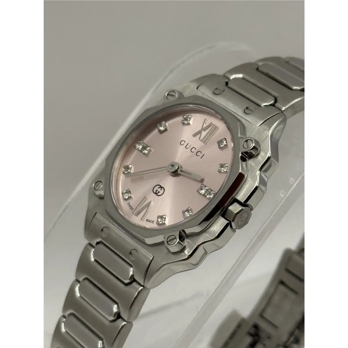 G-flat Quartz 24mm Diamond Accent Pink Dial Women`s Watch YA166501 by Gucci