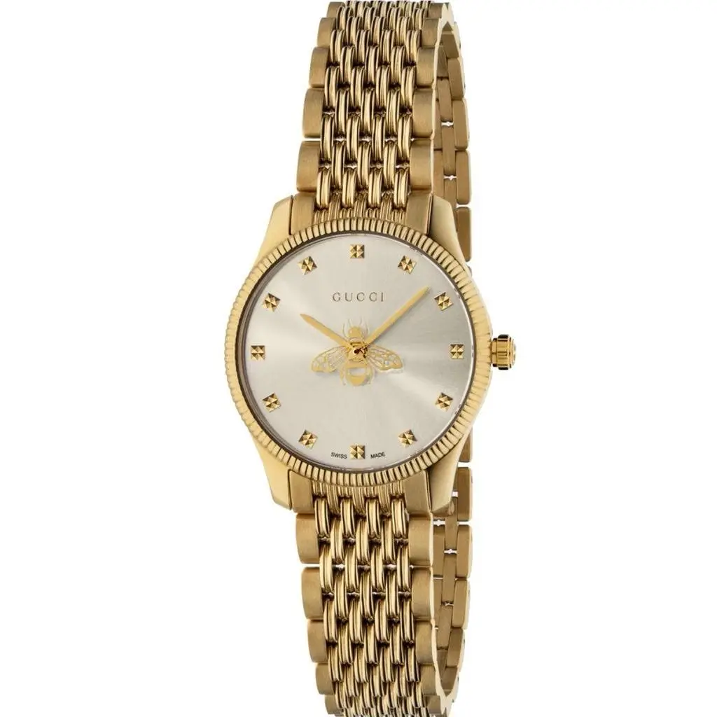 Gucci G-timeless YA1265021 Women’s Quartz Watch Silver Dial Gold Bracelet 29mm