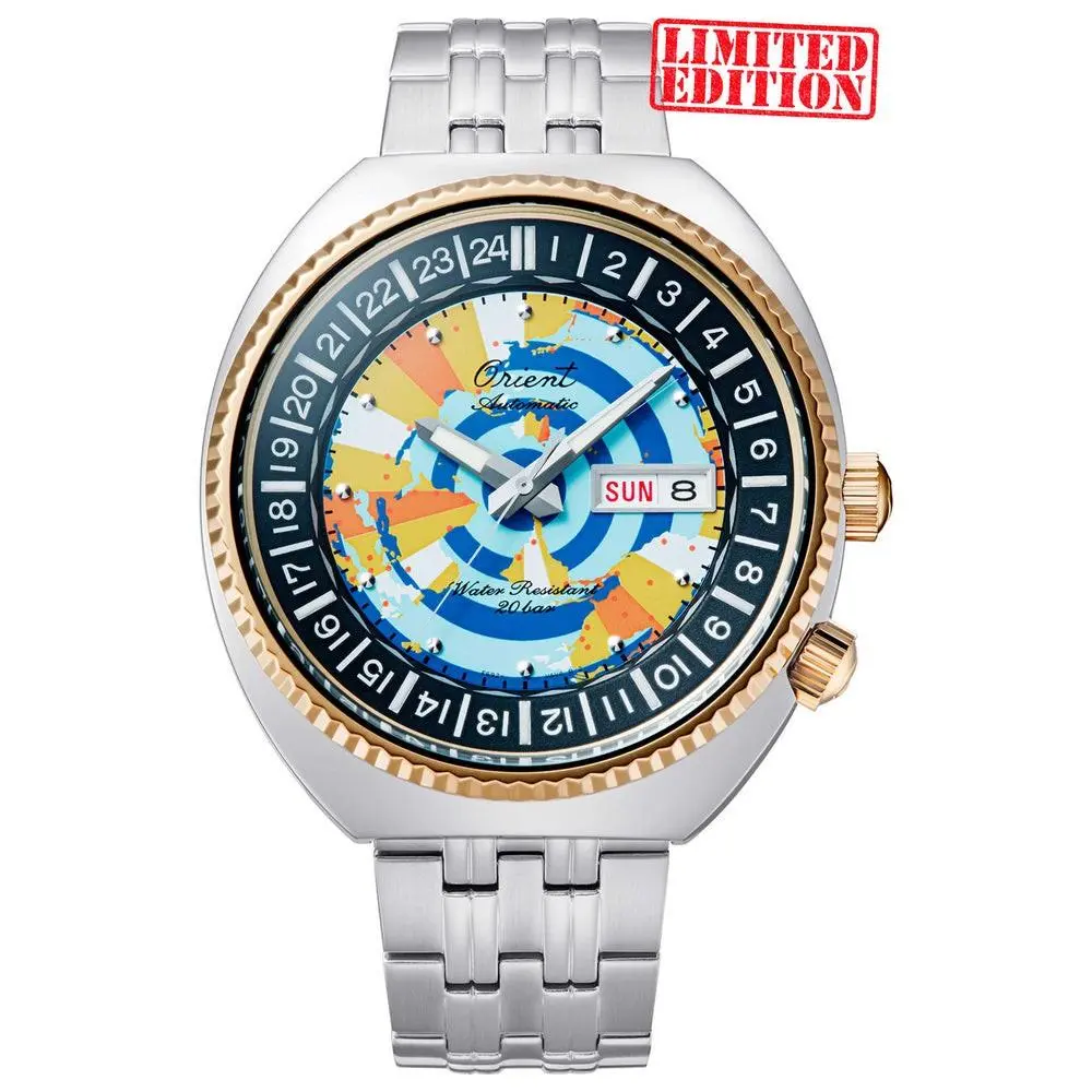 Orient Men`s Revival World Map Blue Dial Automatic 43mm Watch RA-AA0E08Y