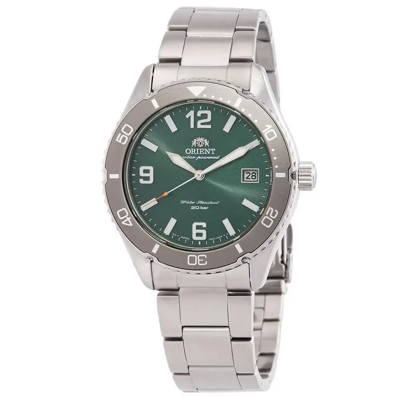 Orient Sports Solar Mako 40 Stainless Steel Men’s Watch - RA-WJ0001E10B - Dial: Green, Band: Silver-tone, Silver, Bezel: Silver-tone