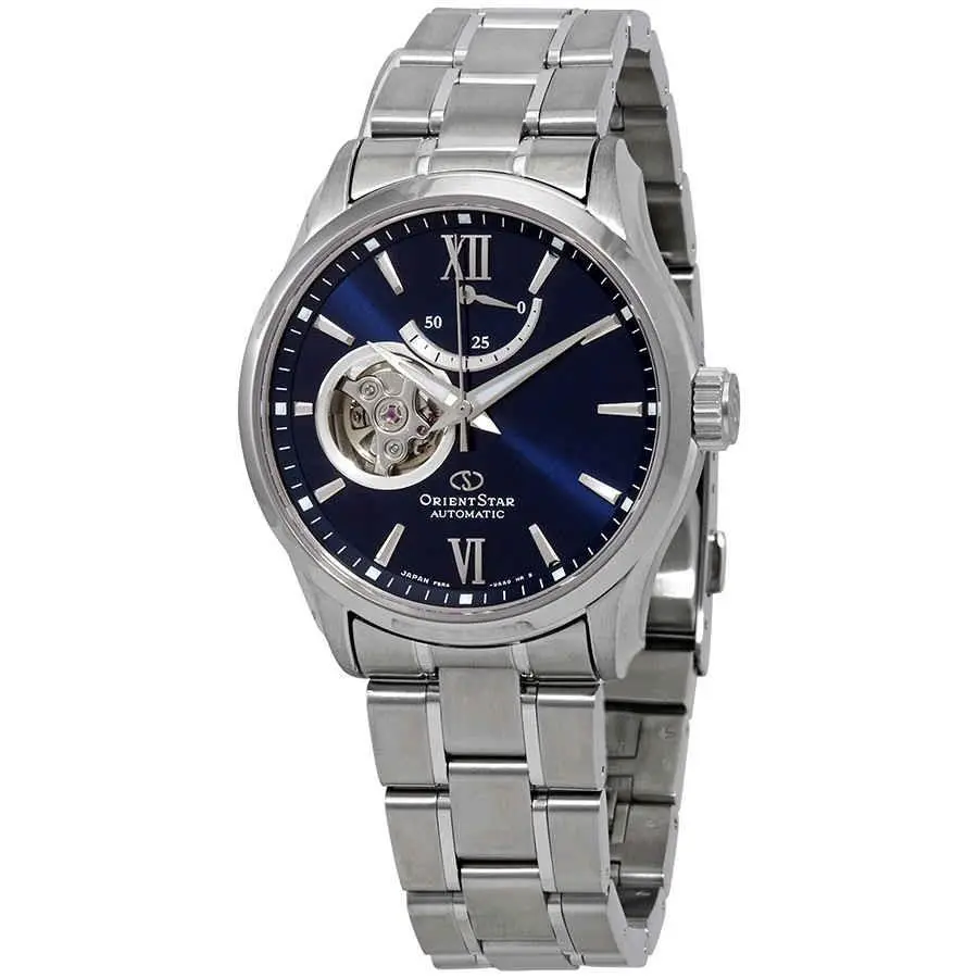 Orient Men`s Contemporary Semi Skeleton 39mm Automatic Watch RE-AT0001L00B - Dial: Blue, Band: Silver Tone, Other Dial: Dark Blue
