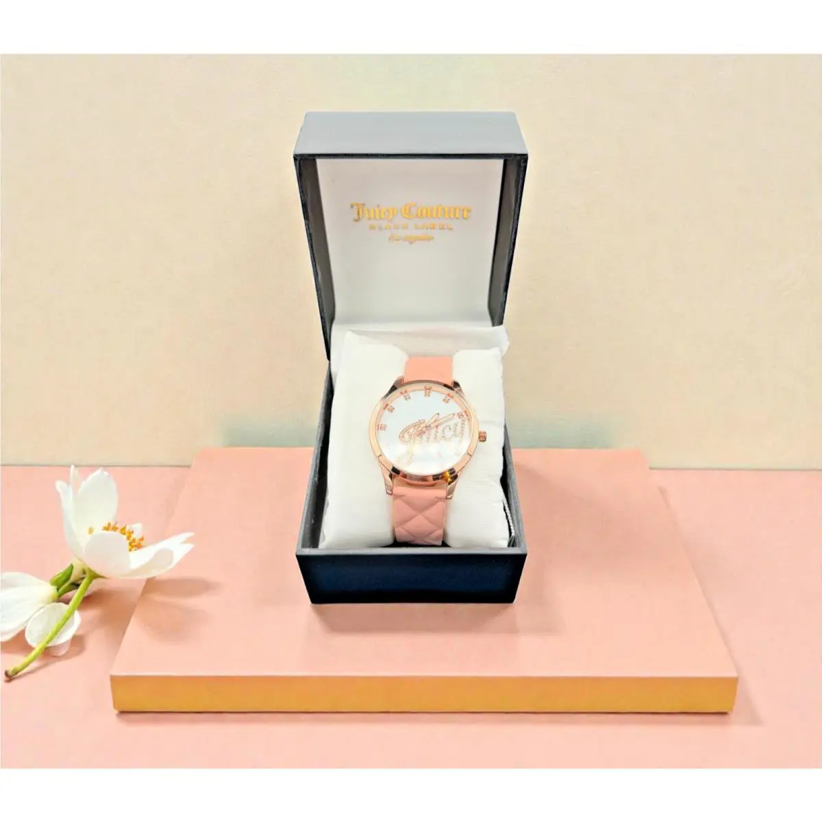 Juicy Couture Black Label Watch Pink Strap Rhinestone w/ Gold Glow In Dark