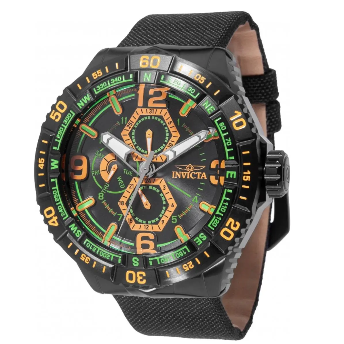 Invicta Coalition Forces Mens Axis Ranger 49mm Multifunction Compass Watch 49632 - Dial: Black, Green, Orange, Band: Black, Bezel: Black, Green, Orange