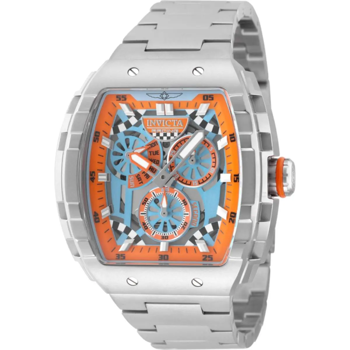 Invicta Men`s Watch Invicta Racing Light Blue and Orange Dial Bracelet 49220 - Dial: Orange, light Blue, Band: Silver