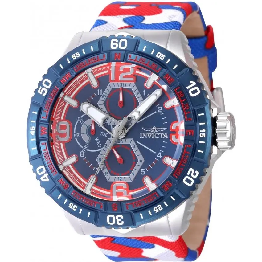 Invicta Coalition Forces Red and Blue Dial Men`s Watch 49631 - Dial: Red and Blue, Band: Three-tone (Camouflage and Red and Blue), Bezel: Silver-tone and Dark Blue and White and Red