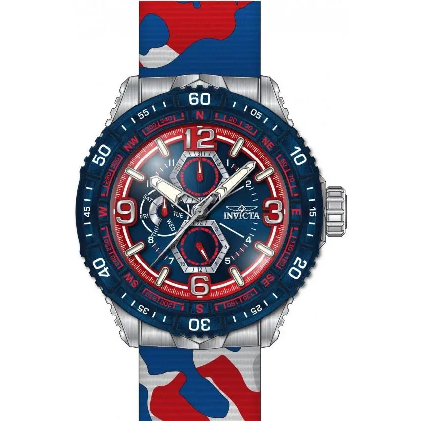 Invicta Coalition Forces Red and Blue Dial Men`s Watch 49631 - Dial: Red and Blue, Band: Three-tone (Camouflage and Red and Blue), Bezel: Silver-tone and Dark Blue and White and Red
