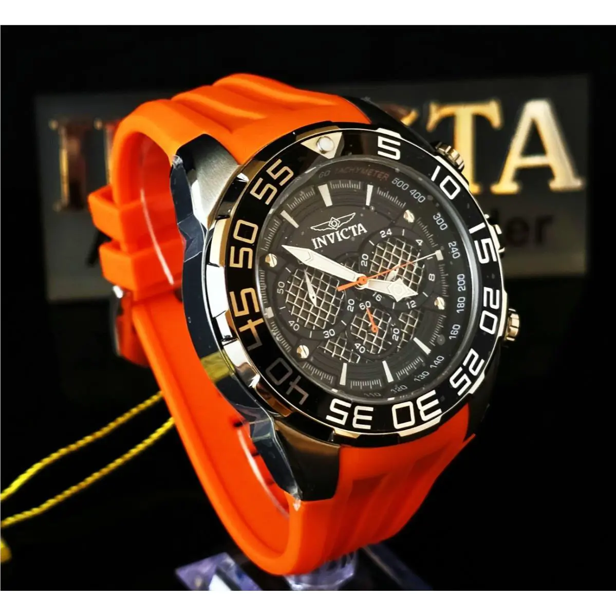 Invicta Mens Speedway Chronograph 50mm Black Dial Orange Strap Quartz Watch