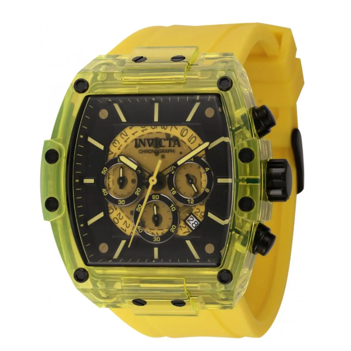 Invicta S1 Rally Diablo Men`s 48mm Yellow Clear Anatomic Dial Chrono Watch 44353 - Dial: Blue, Gold, Band: Blue, Bezel: Blue