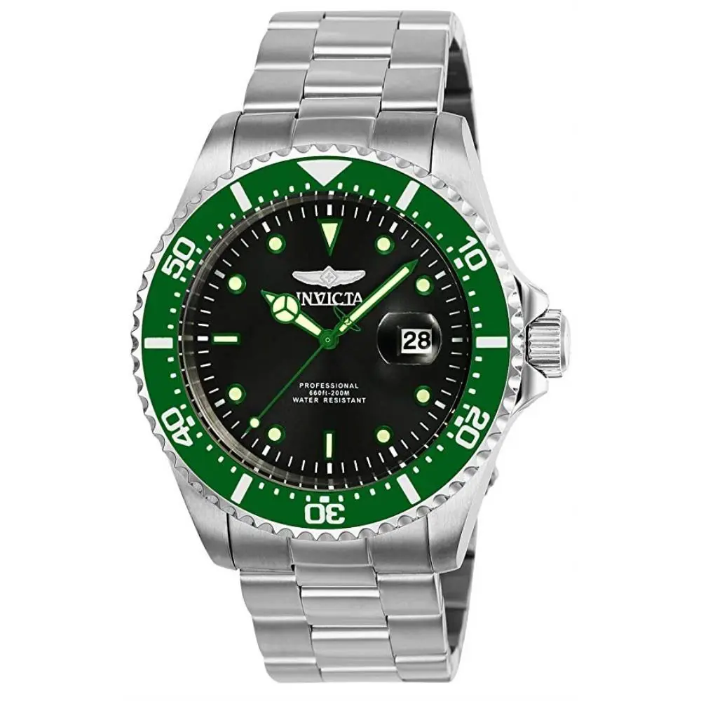 Invicta Mens Pro Diver Quartz Black Dial Green Bezel Stainless Steel Watch 25714