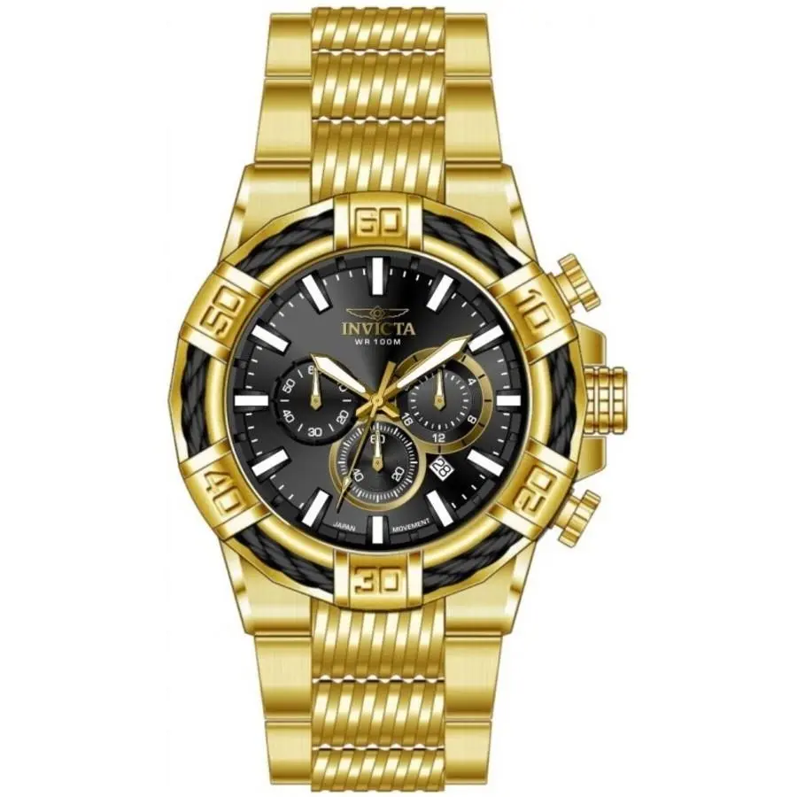 Invicta Bolt Chronograph Gmt Quartz Black Dial Men`s Watch 49905 - Dial: Black, Band: Gold-tone, Bezel: Gold-tone