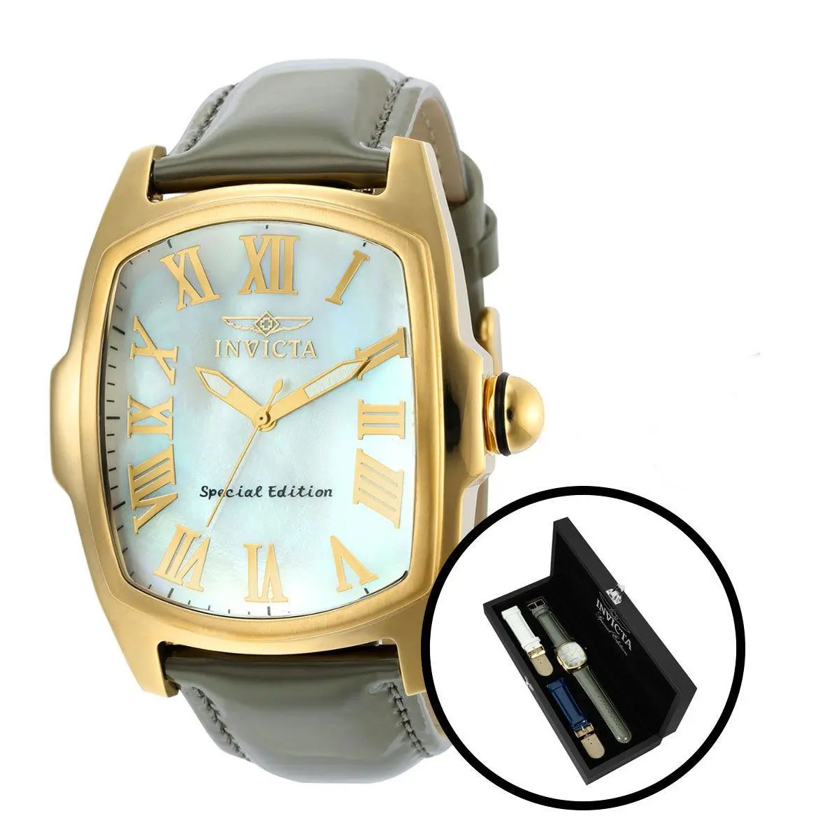 Invicta 20459 Grand Lupah Quartz Special Edition 3 Leather Strap Mens Watch Set - Dial: White, Band: Blue, Cream, Khaki, Bezel: Gold