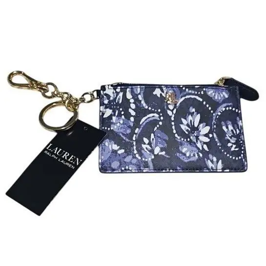 Lauren Ralph Lauren Leather Navy Blue Paisley Zip Card Case Wallet Key Ring