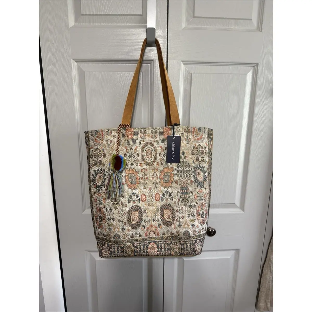 Chloe Lex Boho Large Tote Bag 19 x20 Base Color Beige Leather Handles