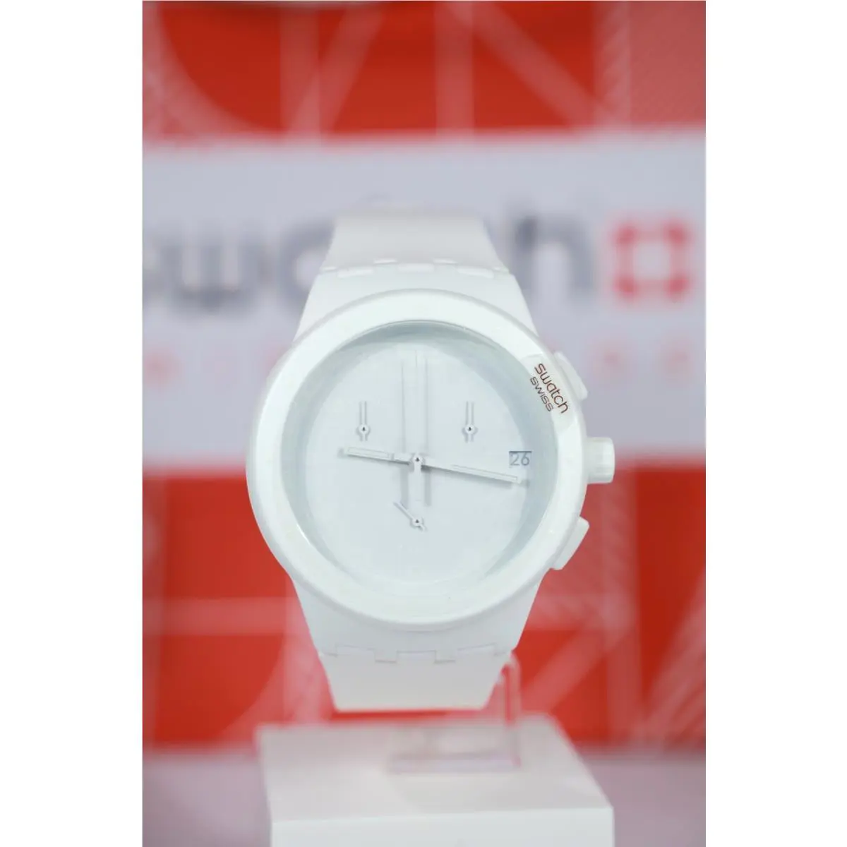Swiss Limited Edition Swatch SUSW400 42MM Basic White Silicone Chronograph