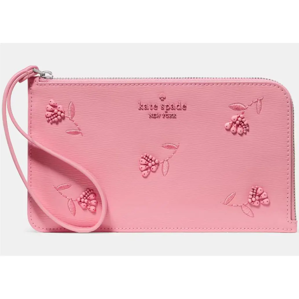Kate Spade Lucy Floral Embroidered Medium L-zip Pink Leather Wristlet KN734
