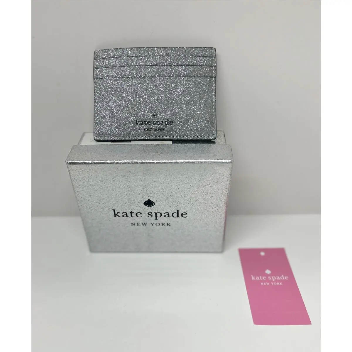 Kate Spade Small Slim Card Holder Silver Shimmy Glitter Lunar Light Tag Box-new