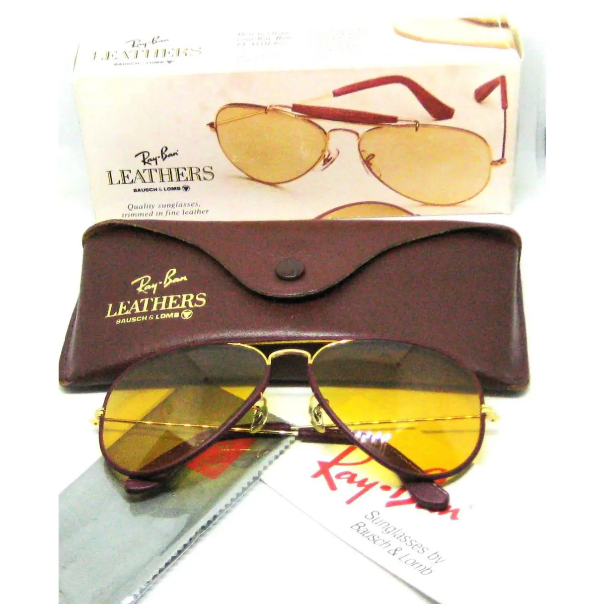 Ray-ban Usa Vintage Nos B L Aviator Leather Ambermatic Sunglasses