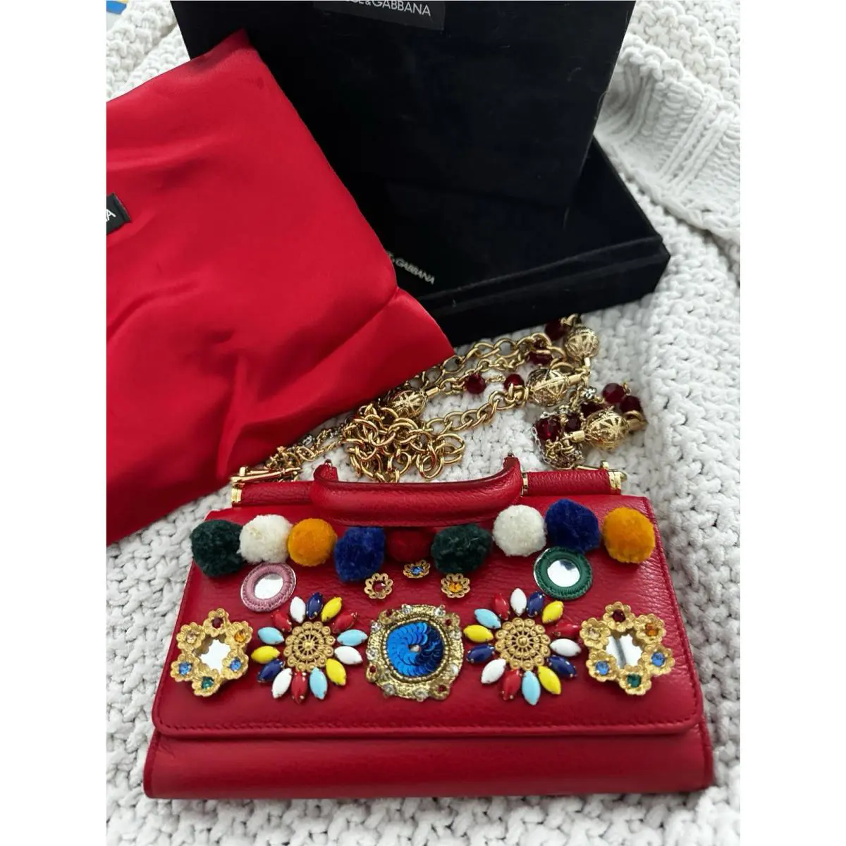 Dolce Gabbana Carretto Pom-pom Mini Sicily Phone Bag Purse
