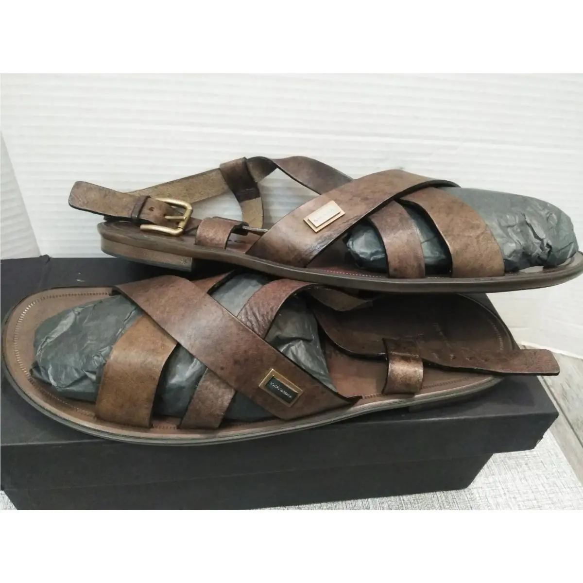 Dolce Gabbana Men`s Brown Leather Sandals Shoes Size 12 Italy