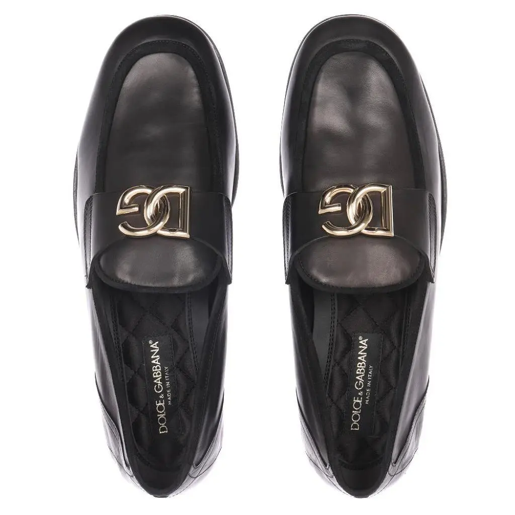 Dolce Gabbana Black Leather DG Logo Loafers Shoes 42/US 9 - Black