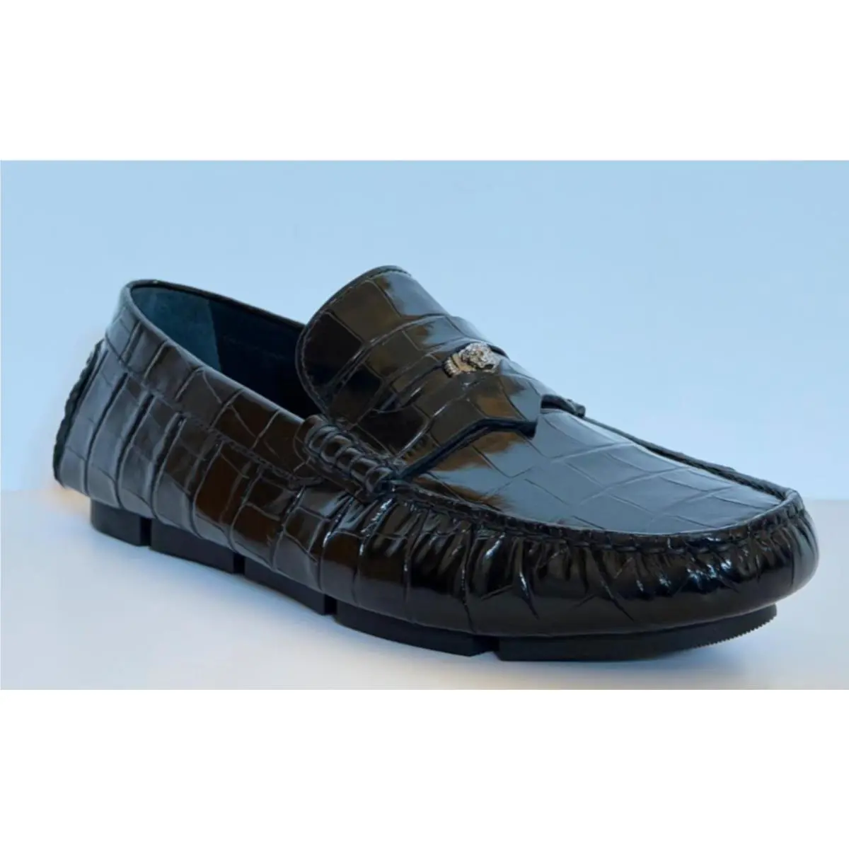 Versace Croc-effect Men`s Leather Driver Shoes Black 8 US 41 1013960