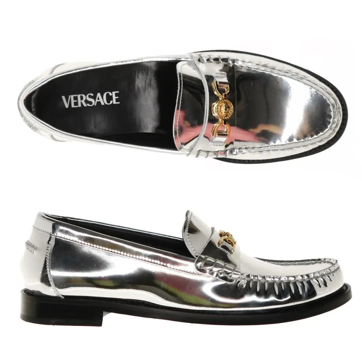 Versace Medusa Woman Loafer Silver Metallic Leather Size 40
