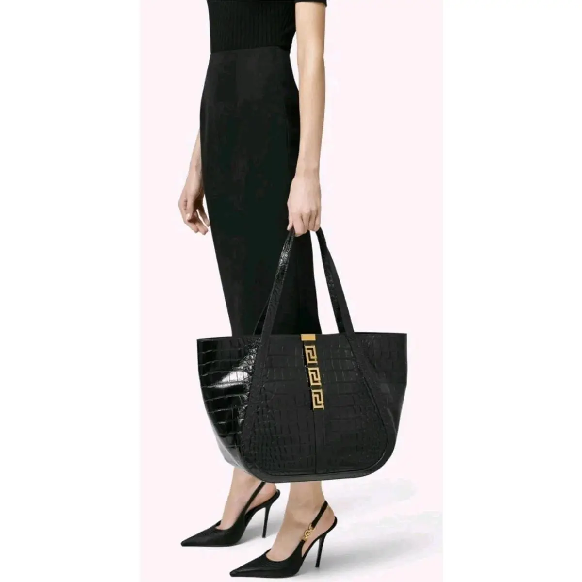 Versace Women`s Bag Tote Leather Black Gold Logo Animal Print Size XL