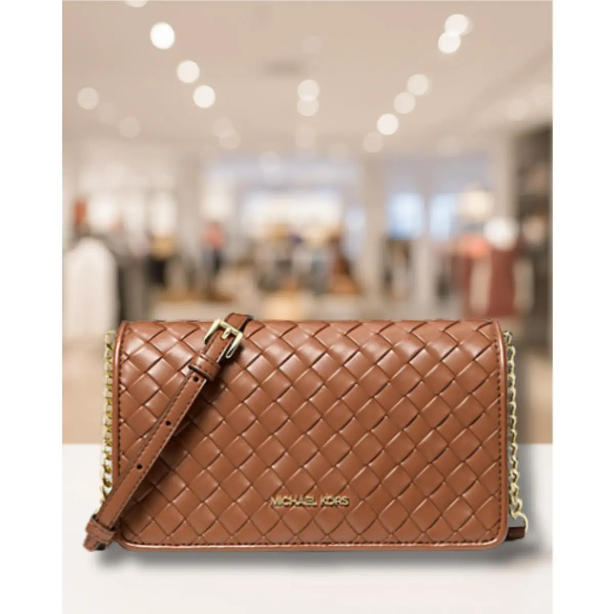 Jet Set Women Medium Woven Full Flap Crossbody Purse Bag Variation LUGGAGE by Michael Kors