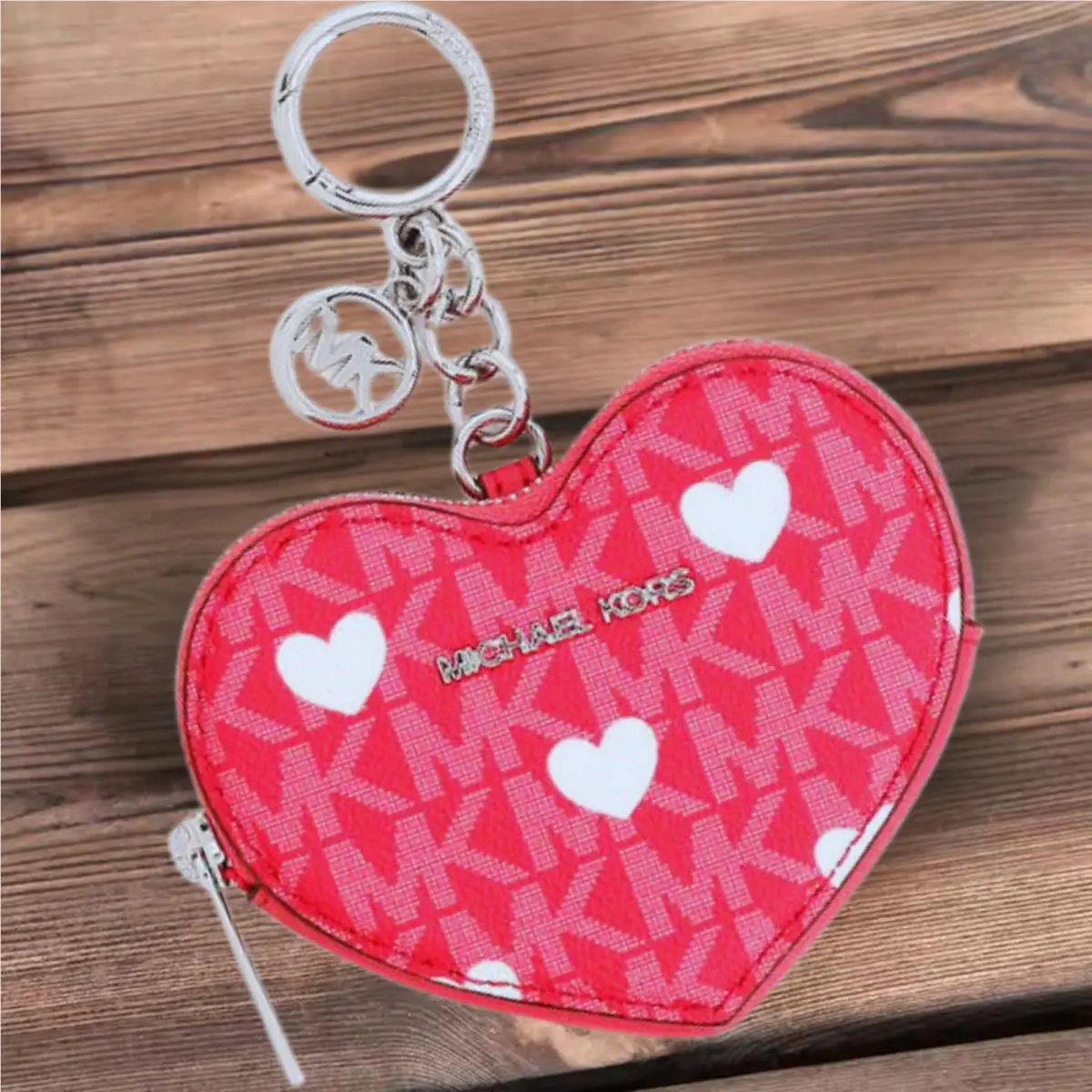 Michael Kors Jet Set Lady Small Printed MK Logo Heart Coin Pouch Ring Fob Wallet