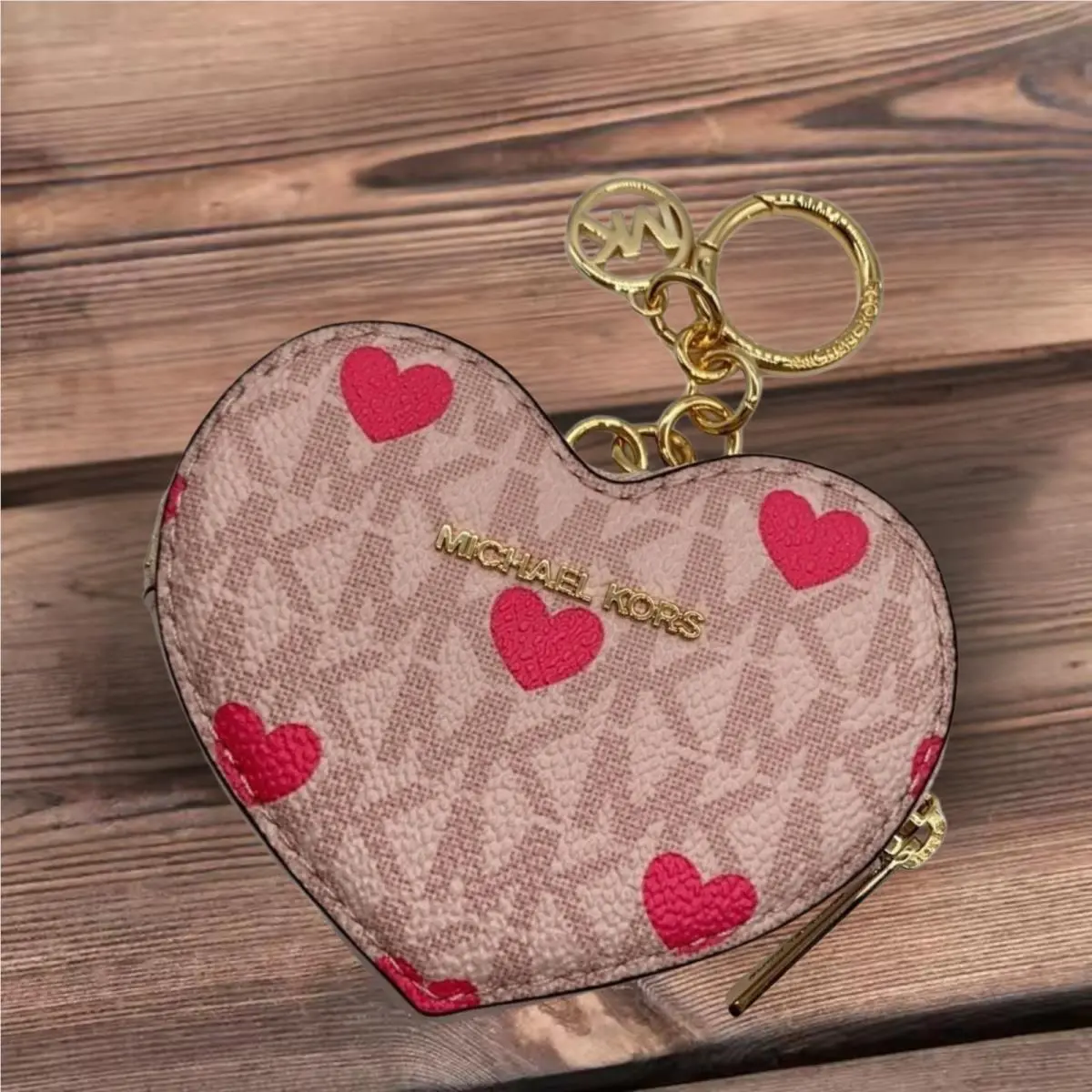 Jet Set Lady Small Printed MK Logo Heart Coin Pouch Ring Fob Wallet POWDER BLUSH by Michael Kors