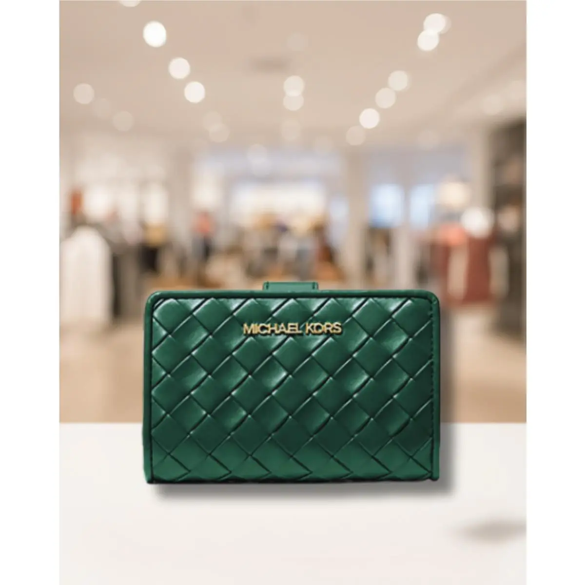 Michael Kors Jet Set Women Medium Woven Bi-fold Zip Coin Wallet Moss Green
