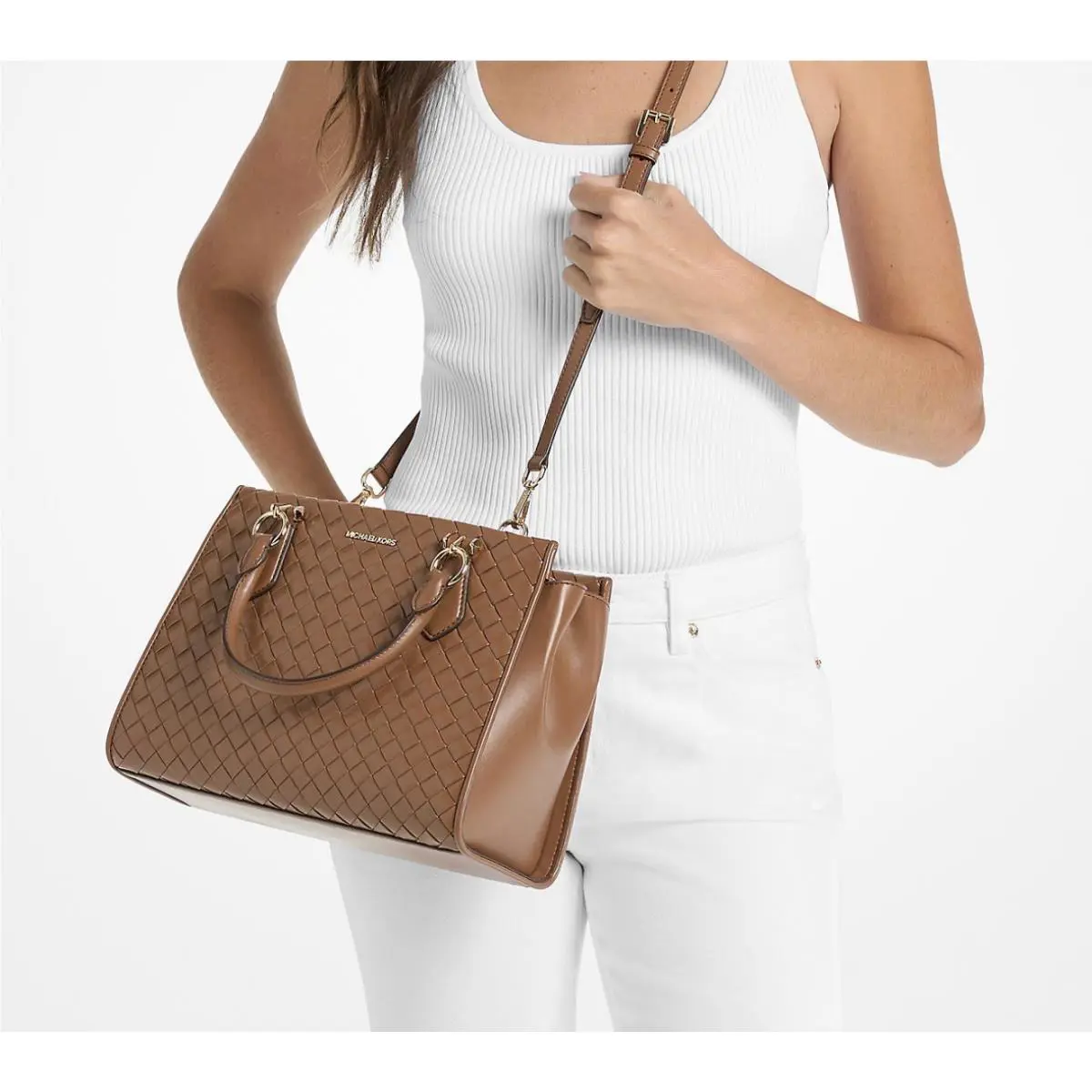 Michael Kors Marilyn Medium Satchel Shoulder Crossbody Bag Woven Brown