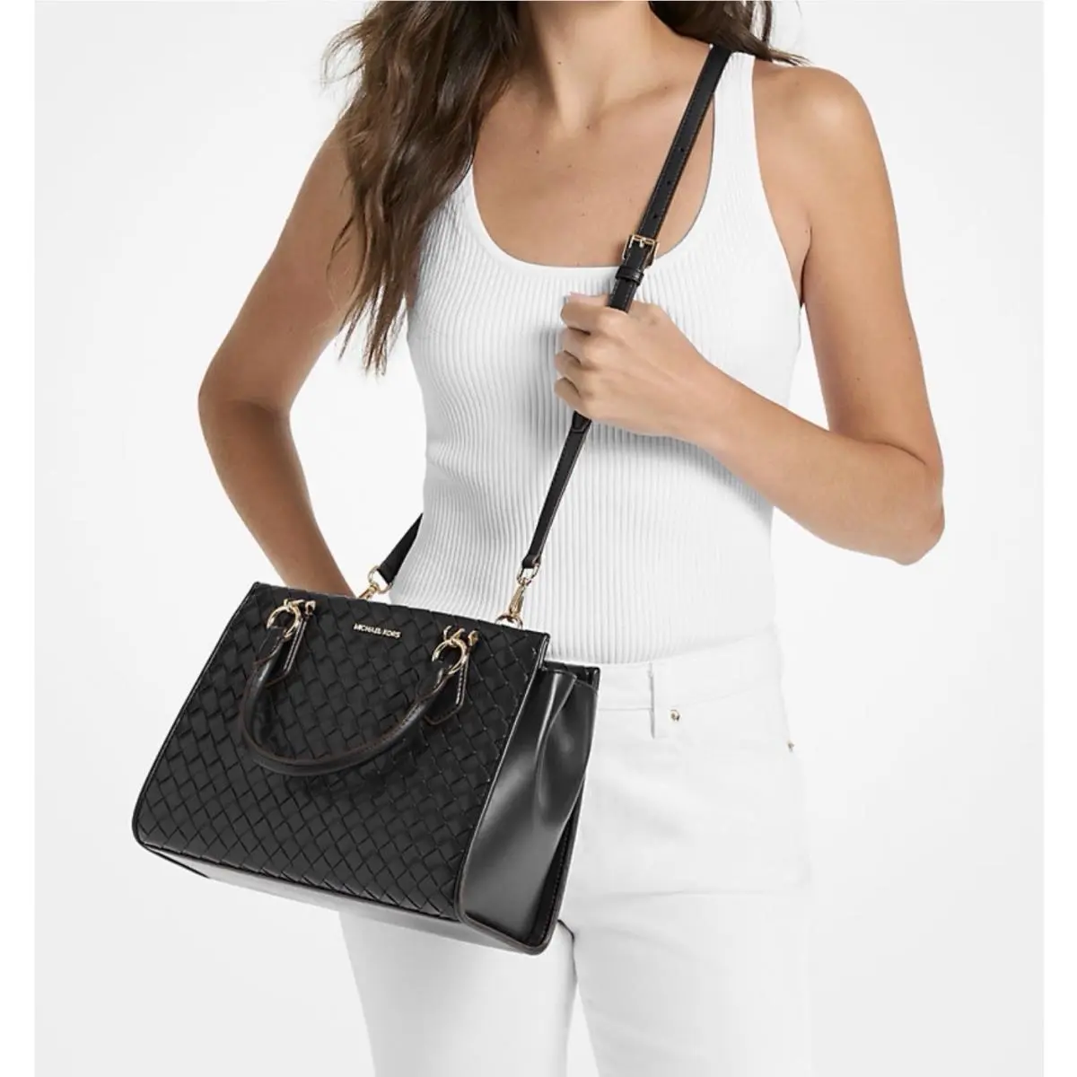 Marilyn Medium Satchel Shoulder Crossbody Bag Woven Black by Michael Kors